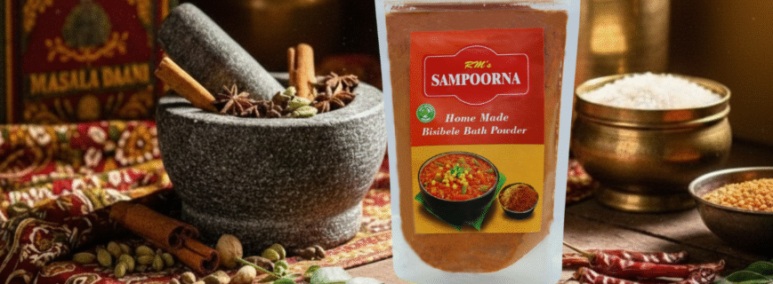 bisi bele bath masala powder, RM Sampoorna, authentic bisi bele bath masala, traditional Karnataka spice mix, homemade masala powder, natural spice blend Bengaluru, organic bisi bele bath masala, bisi bele bath masala